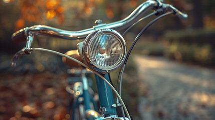 Vintage bicycle headlamp, handlebars, and bell showcased in close-up against a blurred forest backdrop.