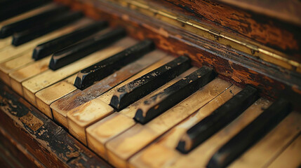 Vintage Piano Keyboard Close-up. Close-up of an aged piano keyboard, highlighting the wear and...