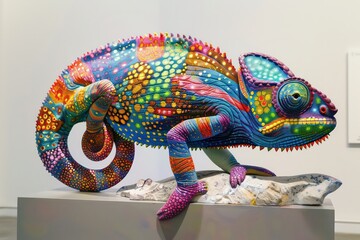 a colorful chameleon in motion, in the style of hyper-realistic pop-art fusion