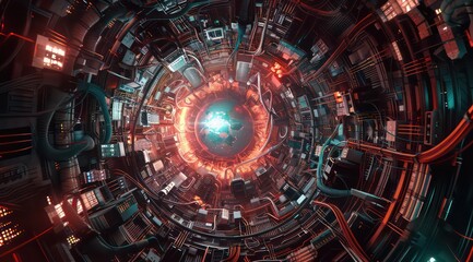 Obraz premium a computer globe with various cables surrounding it, in the style of luminous and dreamlike scenes, intertwined networks, aerial view, dark cyan and red