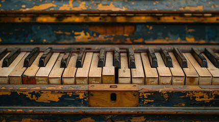 The wear and patina on the keys of an aged piano keyboard are highlighted in a close-up shot.