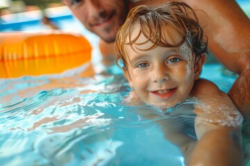 A father and son bond in the refreshing pool waters, as the young boy's face lights up with joy and the man guides him through his first swimming lesson at the leisure centre - Powered by Adobe