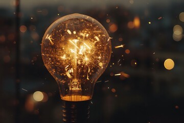 a light bulb that has sparks flying off of it, in the style of futuristic urbanity - obrazy, fototapety, plakaty