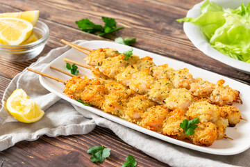 italian garlic shrimp skewers, baked shrimp skewer recipe.