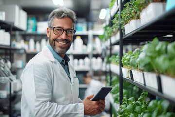 A stylish scientist, donning a crisp lab coat and glasses, confidently holds a tablet as he navigates between the indoor store and outdoor plant displays - Powered by Adobe