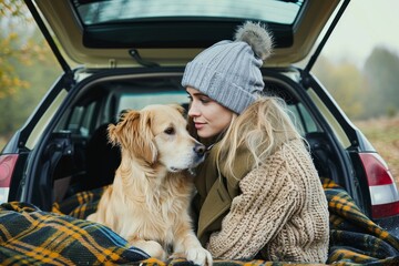 A brown-haired woman and her faithful dog sit in the back of a car, their matching outfits and content expressions revealing their unbreakable bond on a scenic outdoor drive