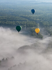 Colorful hot air balloons flying over a field and deciduous forest. Summer foggy morning.