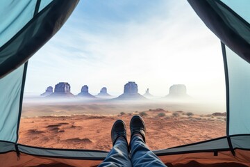 View from a tent of the landscape of American&rsquo;s Wild West with desert sandstones.