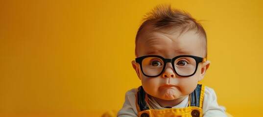  baby dressed in glasses with yellow background - obrazy, fototapety, plakaty