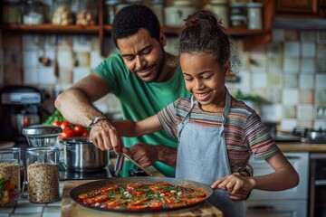 A young woman and man in casual clothing prepare a fast food pizza in their cozy kitchen, their faces filled with joy as they work together in their own personal pizzeria