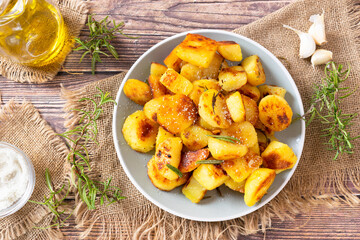 Classic Italian roasted potatoes, roast potato recipe, baked potatoes with rosemary on a wooden table