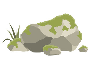 Rock stone formations. Small boulder mountain with grass and moss, big icon with rocky texture, heavy piles. Cobblestones of various shapes, hard rock rubbles. cartoon background