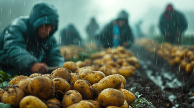 A group of illegal workers harvest potatoes in an agricultural field during the rain. The concept of illegal human trafficking, forced labor