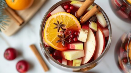 Close-up of a mulled wine mix with fruits and spices, perfect for culinary and festive season content.