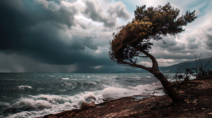 Tree on sea coast.