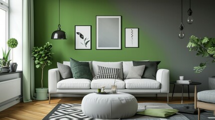 Modern living room with a gray sofa and lush plants, embodying comfort and contemporary interior design.