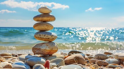 Stacked stones on a sandy beach with gentle waves, under a clear blue sky. Ideal for themes of balance, peace, and mindfulness.