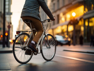 A person rides a bicycle at a relaxed pace through the city streets, enjoying the scenery.
