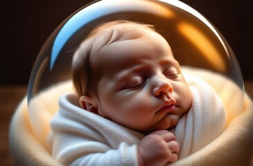 Sleeping infant in a translucent sphere. Fetus inside a glowing womb. Concept of new life, nurturing warmth, comfort, calmness, beginnings, and innocence