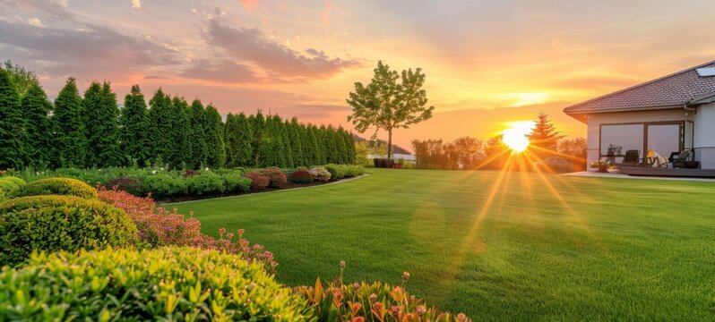 Manicured garden at sunset with lush green lawn and colorful flower beds, ideal for real estate, landscaping, and gardening.