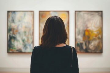 Eine Frau sieht sich Kunstwerke bei einer Kunstausstellung an   - obrazy, fototapety, plakaty