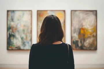 Muurstickers Eine Frau sieht sich Kunstwerke bei einer Kunstausstellung an   © Herzog