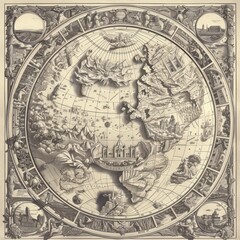 old looking map showing several countries, natural phenomena