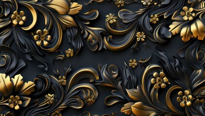 black and gold decorative floral ornament, in the style of naturalistic compositions