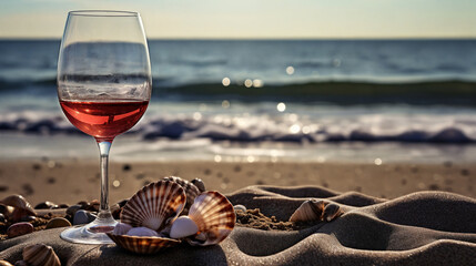 Glass of wine on the beach. Generative AI - 738821457