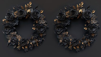black gold wreaths floral design, in the style of realistic anamorphic art, dramatic diagonals