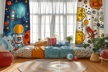 Design children's room curtains in the style of astronauts and a cosmic comic style theme