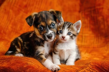 cute kitten and dog together on an orange background,