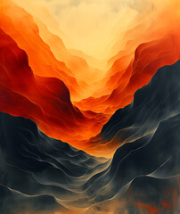 Vibrant abstract painting depicting a canyon with fiery orange and red hues contrasting with dark shadows