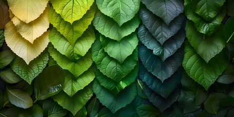 A textured arrangement of overlapping leaves in varying shades of green - obrazy, fototapety, plakaty