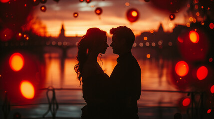 A silhouette of a couple against a stunning sunset by the waterfront, surrounded by glowing lights. This image is perfect for: romance, love, relationships, scenic views, magical moments.
