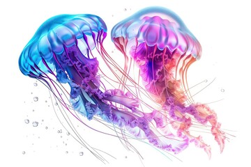 jellyfish vector illustration or desktop background, in the style of photo bashing, light blue and magenta