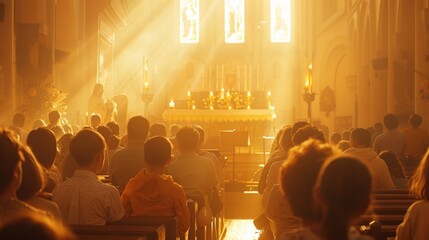 Fototapeta na wymiar Easter Church Glow - Soft Morning Illumination, Candles, Spring Outfits