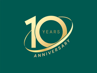 10th Anniversary luxury gold celebration with Gold Circle Curve logo vector design concept. 10 Years anniversary gold logo template for celebration event, business company, invitation, greeting, web.