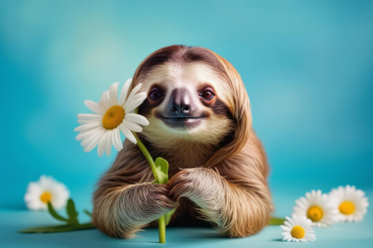 Cute sloth animal with chamomile  flower at blue background. Congratulations with Thankgiving, Mother’s Day, Birthday Concept.