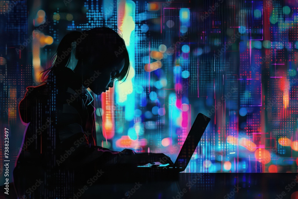Poster modern software developer working on a laptop in front of a computer