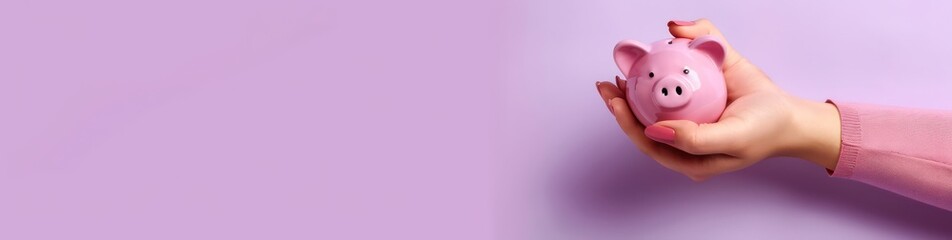 mother hand holding a pink piggy bank on a purple background