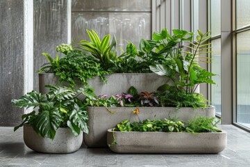 Urban Jungle Podium Combines concrete textures with greenery reflecting a blend of nature and city life
