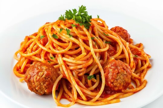 spaghetti with tomato sauce, meat balls on white background