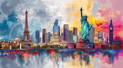World landmarks travel illustration - Eiffel tower, Big Ben, Liberty statue, USA, Europe, France, color spray - obrazy, fototapety, plakaty