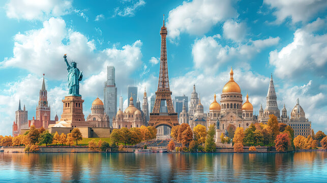 World landmarks travel illustration - Eiffel tower, Big Ben, Liberty statue, USA, Europe, France