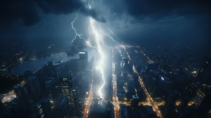 Aerial view of bright lightning strike on city building in a thunderstorm at night.