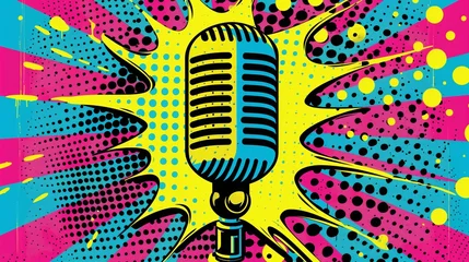 Deurstickers comics pop art style podcast microphone in a frame in bright bold colors © World of AI