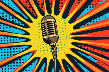 comics pop art style podcast microphone in a frame in bright bold colors