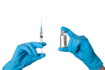 Hands with syringe and vial isolated on white