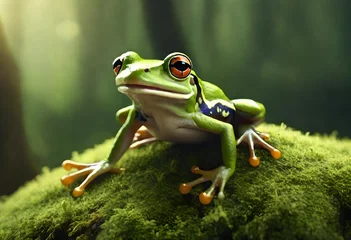 Gordijnen Gliding frog look like laughing on moss, Flying frog laughing, animal closeup, Gliding frog (Rhacophorus reinwardtii) sitting on moss, Indonesian tree frog.AI generated © Muhammad